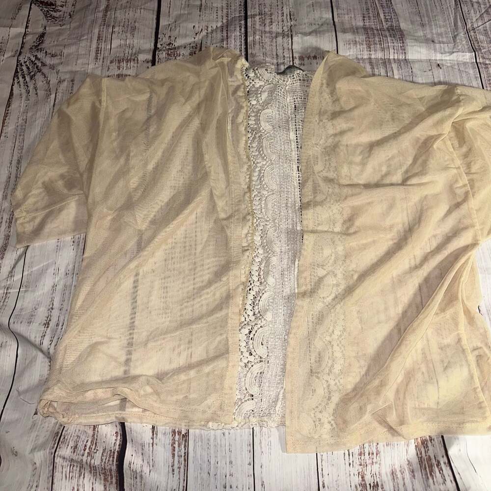 Charlotte Russe Vintage Tan Sheer Mesh Open Front Cardigan with Lace Detail, Siz